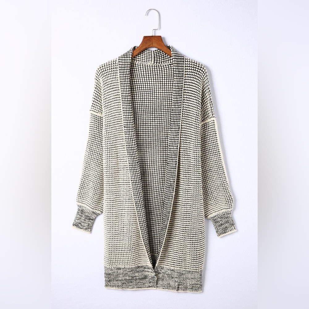 Apricot Plaid Knitted Long Open Front Cardigan